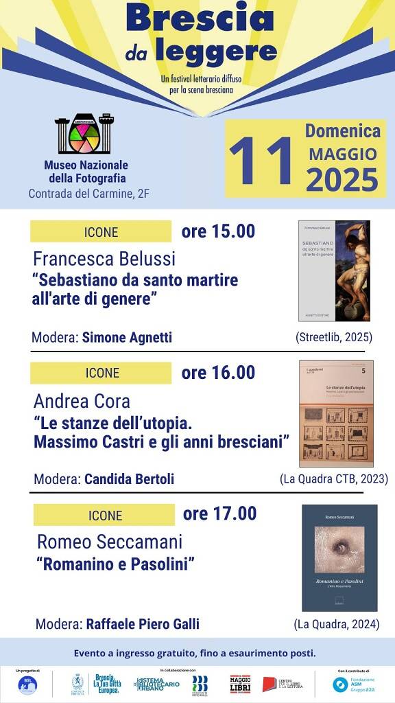 Sabato 10 e domenica 11 maggio 2025, Brescia torna ad essere il cuore di una provincia tutta da leggere grazie alla quarta edizione del festival letterario a km 0 “Brescia da leggere”, il più grande festival letterario bresciano interamente dedicato a autrici, autori o storie a km 0. Più di 30 libri di recente pubblicazione, scritti da autrici e autori locali, attentamente selezionati da una direzione artistica diffusa coordinata dall’Associazione Brescia si legge e organizzati lungo filoni tematici, verranno presentati durante la due giorni di Festival in 15 tra biblioteche, librerie e istituzioni culturali aderenti, con l’obiettivo di promuovere la scena letteraria locale. In nostro Museo avrà il piacere di ospitare tre presentazioni nel pomeriggio di domenica 11 maggio a partire dalle 15. Vi aspettiamo!!!!